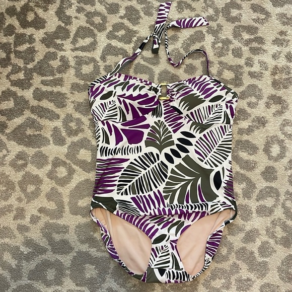 Lands End Womens One Piece Swimsuit Halter Tie Neck Purple Leaf Print 16 - Picture 1 of 5